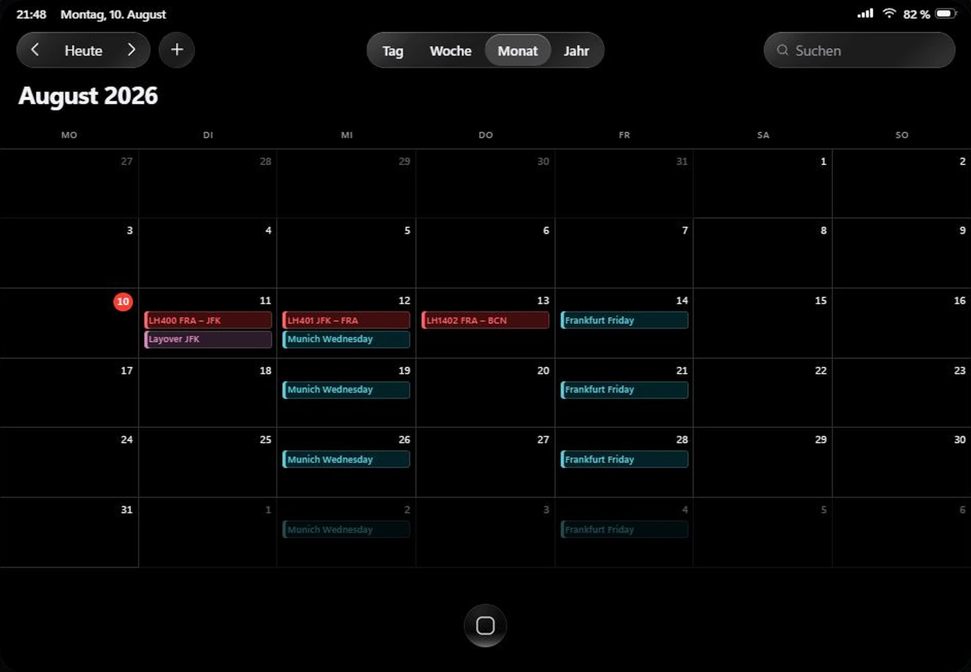 Calendar week view with flights and company events