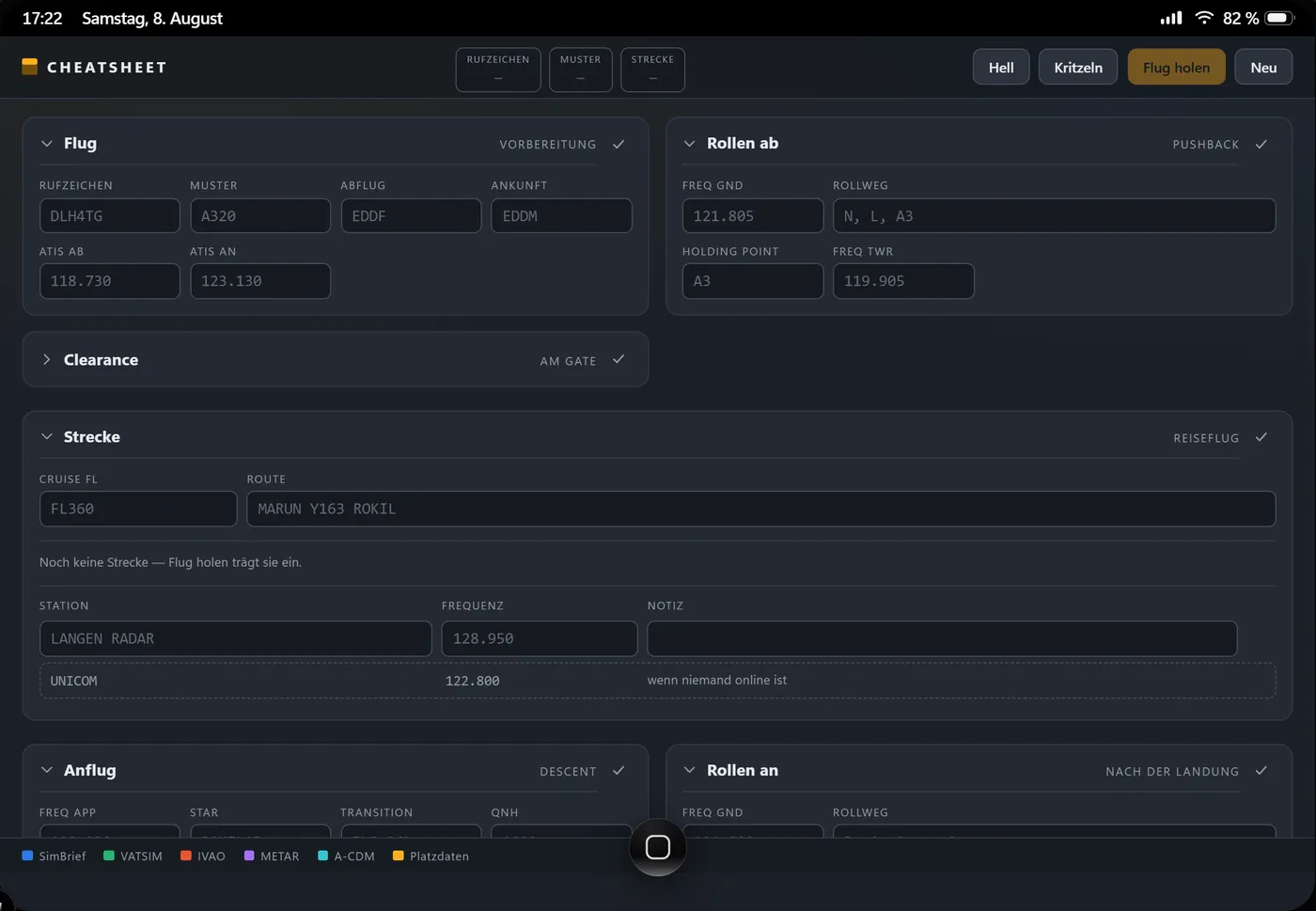 CheatSheet with clearance, route and frequency fields