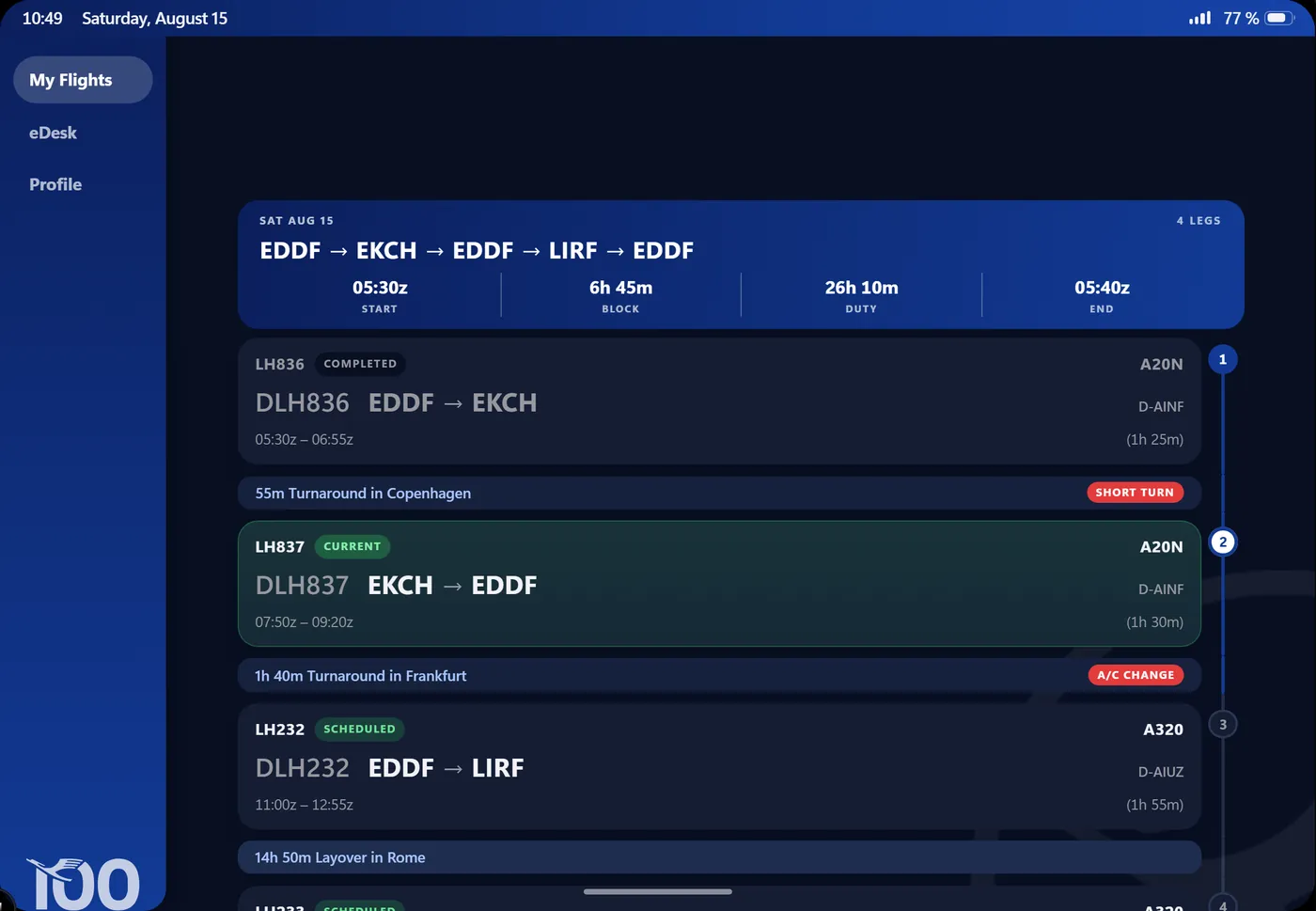 LHV Ops showing a four-leg rotation with turnarounds and a layover