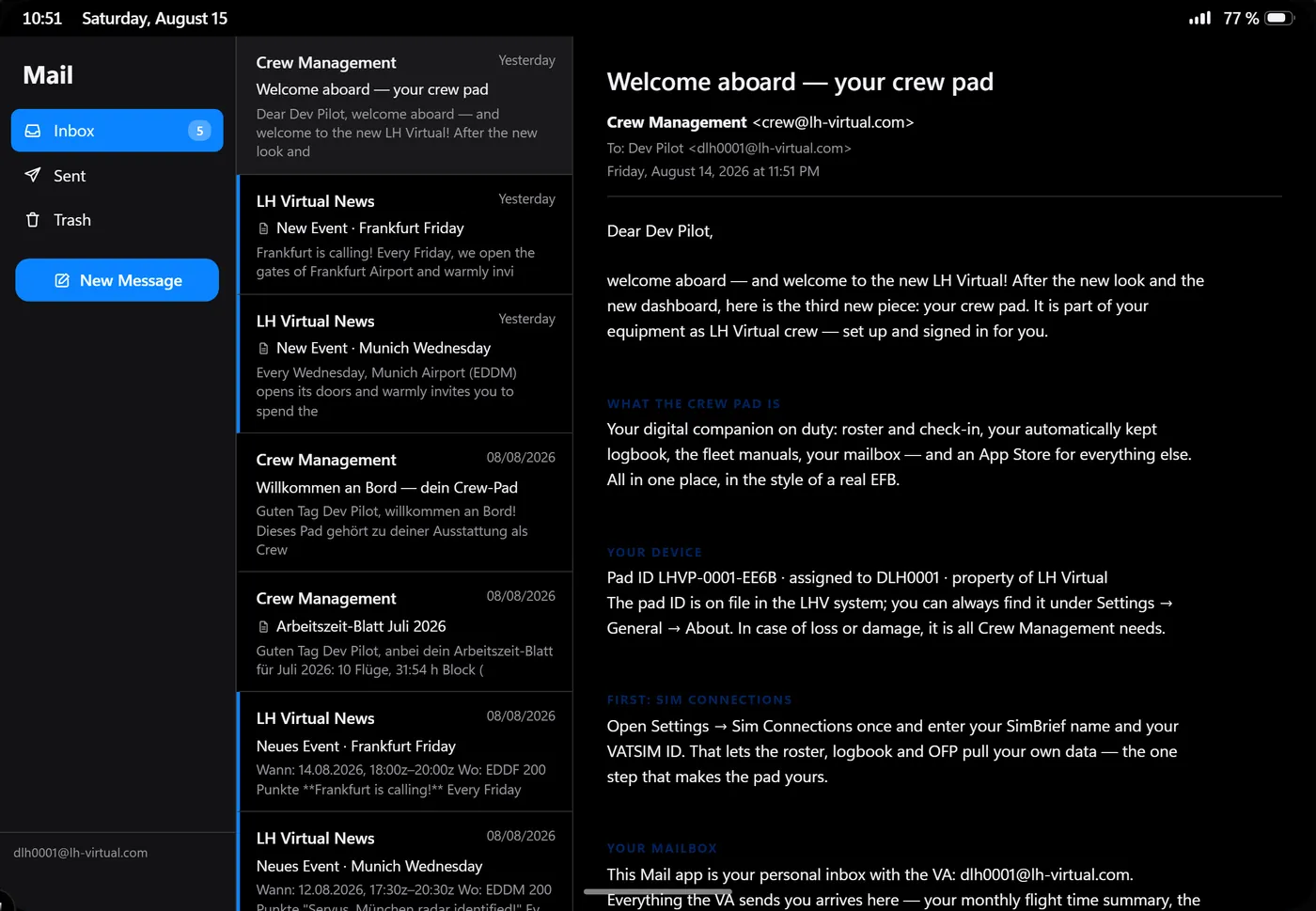 Mail with folders, message list and a letter open