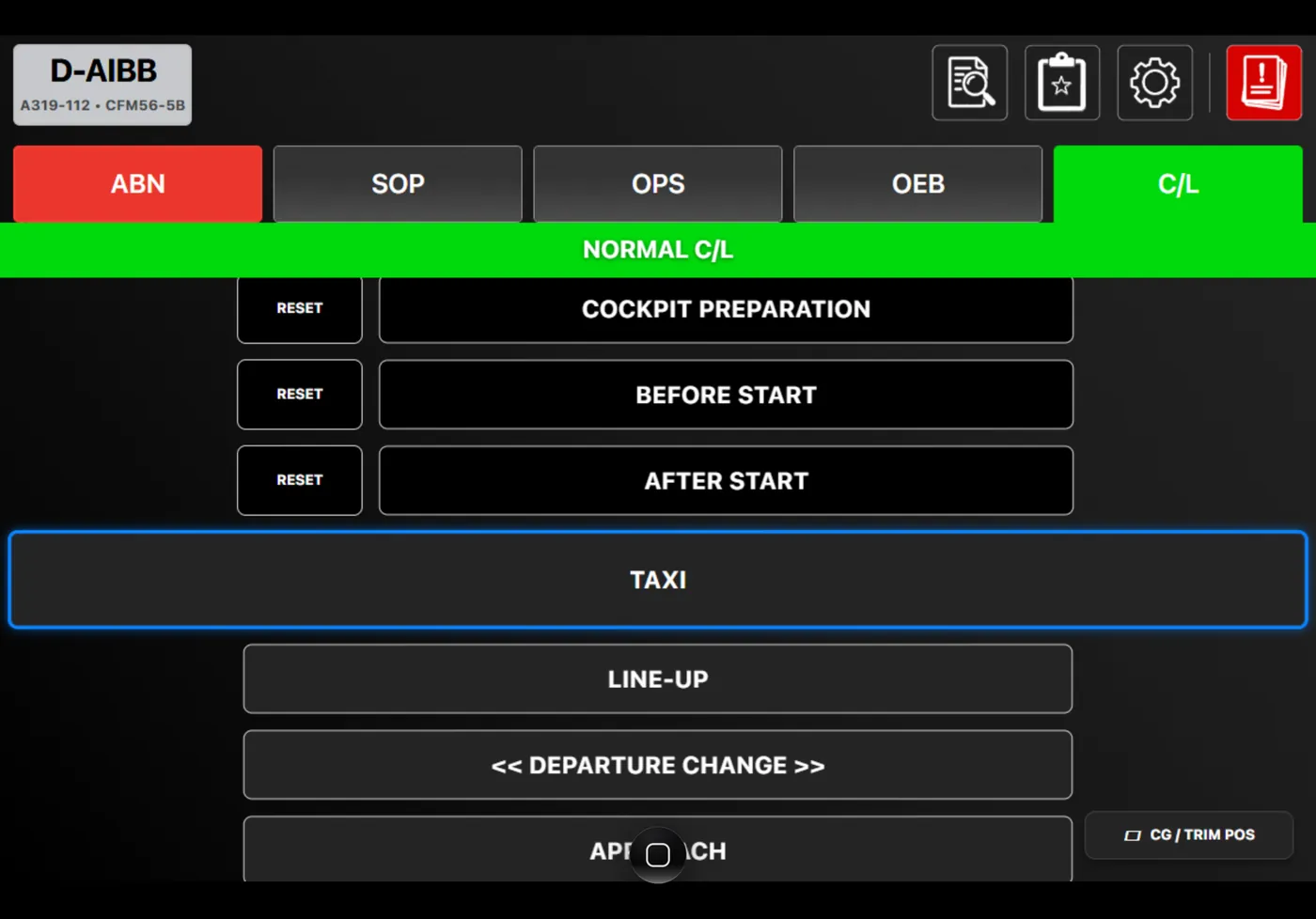 simref showing the normal checklist of an A319 inside a pad window