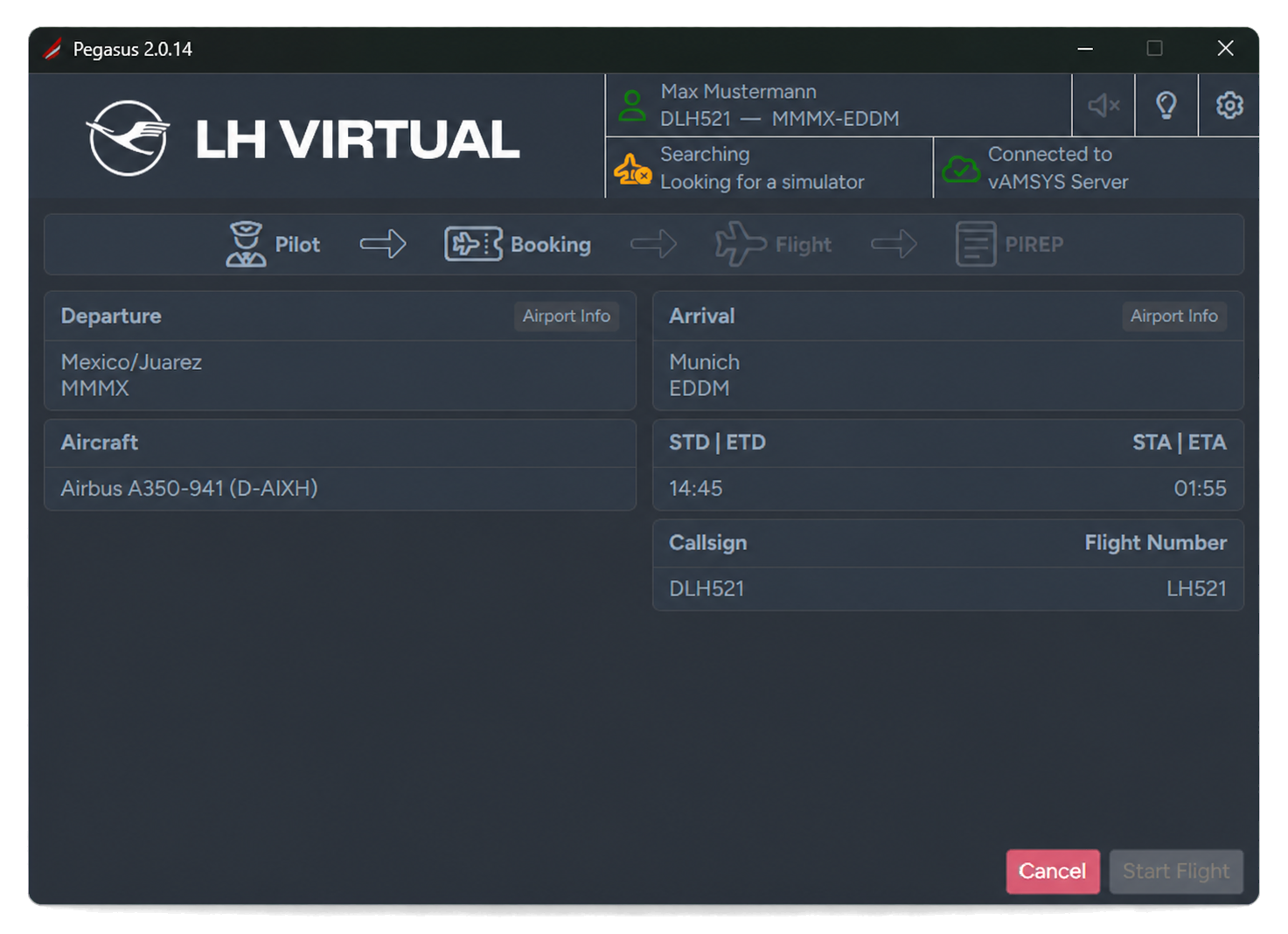 Pegasus client showing a booked LH Virtual flight for the fictional pilot Max Mustermann